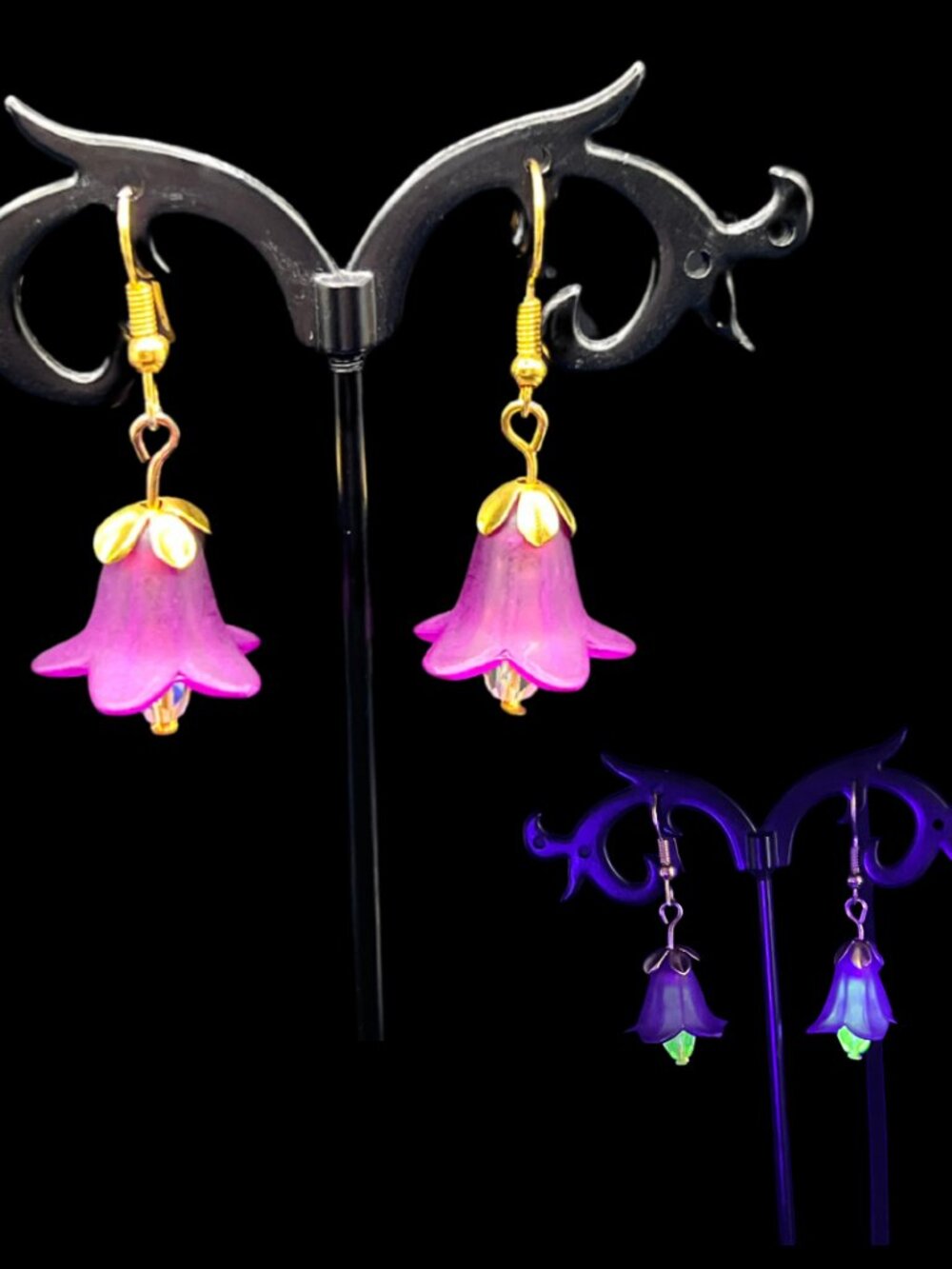 Handcrafted flower blossom earrings with uranium glass beads UV Reactive glow